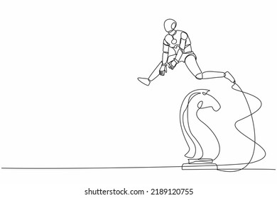 Continuous one line drawing robot jumping over chess horse knight. Brain intelligence sport, tactical movement idea. Future robotic cybernetic development. Single line draw design vector illustration