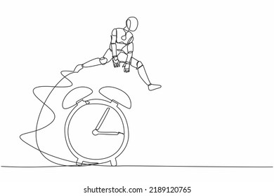 Continuous one line drawing robot jump over alarm clock. Business deadline, working time efficiency. Robot cybernetic organism. Future robotic development. Single line draw design vector illustration
