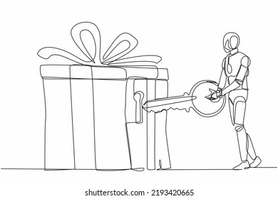 Robot continuo de dibujo de una línea poniendo la llave en la caja de regalo con cinta. Celebración por el éxito de los negocios. Robot humanoide organismo cibernético. Ilustración vectorial de diseño de líneas simples