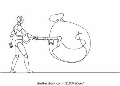 El robot de dibujo continuo de una línea pone una gran llave en una bolsa de dinero. Éxito en la clave financiera, refugio seguro para la inversión. Robot humanoide organismo cibernético. ilustración vectorial de diseño de línea única