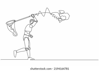 Continuous one line drawing robot try to catch flying brain with butterfly net. Genius idea for robot brain healthcare. Robot cybernetic organism. Single line draw design vector graphic illustration
