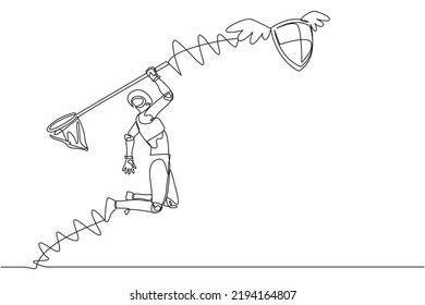 Continuous one line drawing robot try to catching flying shield with butterfly net. Expensive security for tech protection. Humanoid cybernetic organism. Single line graphic design vector illustration