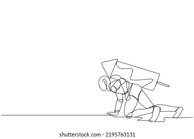 Continuous one line drawing robot with rocket on back stand on start ready for tech business race. Humanoid robot cybernetic organism. Future robot development. Single line design vector illustration