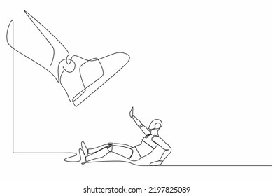 Continuous One Line Drawing Robot Under Giant Foot. Big Boss Foot In The Shoe Going To Crush Tech. Humanoid Robot Cybernetic Organism. Future Robotic. Single Line Design Vector Graphic Illustration