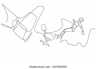 Continuous one line drawing of robot kicked out by big foot from chair. Staff reduction. Humanoid cybernetic organism. Future robotic development. Single line draw design vector graphic illustration