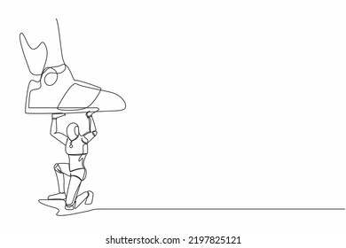 Continuous one line drawing robot under giant feet stomping. Violence of dictator toward tiny robot, big shoes crush machine. Humanoid cybernetic organism. Single line draw design vector illustration