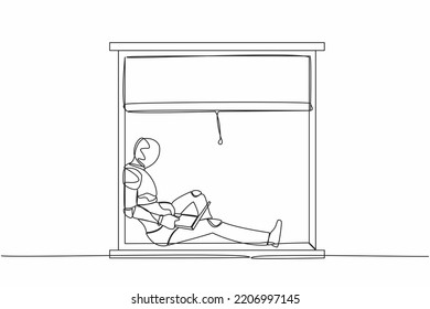 Continuous one line drawing robot freelancer sitting on windowsill, working using laptop. Remote work from home. Humanoid robot organism. Future robotic. Single line graphic design vector illustration