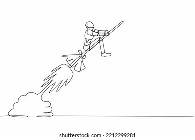 Continuous one line drawing robot riding broom rocket flying in the sky. Tech company launch. Humanoid robot cybernetic organism. Future robot development. Single line draw design vector illustration