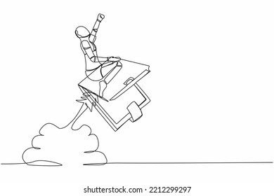 Continuous one line drawing robot riding wallet rocket flying in the sky. Financial planning at tech business. Humanoid robot cybernetic organism. Single line draw design vector graphic illustration
