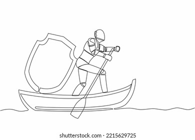 Continuous one line drawing of robot sailing away on boat with shield. Security and insurance in tech company. Humanoid robot cybernetic organism. Single line draw design vector graphic illustration