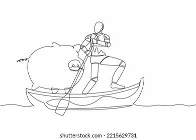 Continuous one line drawing robot sailing away on boat with piggy bank. Economy purposes saving money in tech company. Humanoid robot cybernetic organism. Single line draw design vector illustration