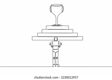 Continuous one line drawing robot standing in front of staircase with trophy cup on the top. Path to success. Humanoid cybernetic organism. Robotic development. Single line design vector illustration