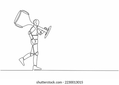 Continuous one line drawing robot carry big trophy cup for winner as symbol of victory. Tech business success. Humanoid cybernetic organism. Future robotic. Single line draw design vector illustration