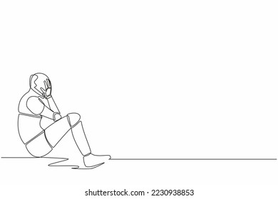 Continuous one line drawing robot cover his face, feeling sad and depression sitting on the floor. Humanoid cybernetic organism. Future robotic development. Single line draw design vector illustration