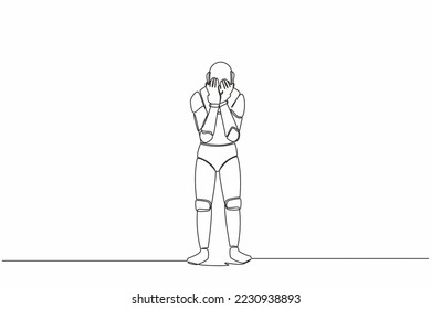 Continuous one line drawing robot cover his face by hands and crying. Depression disorder, sad, sorrow, disappointment. Humanoid robot cybernetic organism. Single line draw design vector illustration