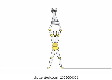 Continuous one line drawing robot standing and lifting up rook chess piece. Humanoid robot cybernetic organism. Future robotics development concept. Single line draw design vector graphic illustration