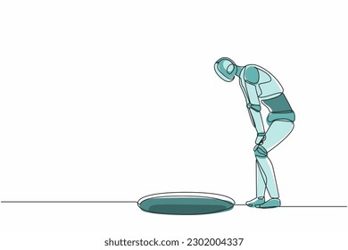 Continuous one line drawing robot standing wondering, looking at big hole. Humanoid robot cybernetic organism. Future robotics development concept. Single line draw design vector graphic illustration