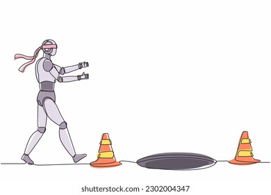 Continuous one line drawing robot runs to business trap. Blind investment. Humanoid robot cybernetic organism. Future robotics development concept. Single line draw design vector graphic illustration