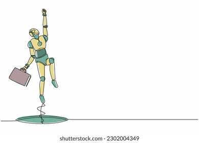 Continuous one line drawing robot flying with briefcase coming out of holes. Humanoid robot cybernetic organism. Future robotics development concept. Single line design vector graphic illustration