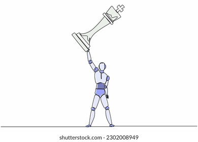 Continuous one line drawing robot standing and lifting up king chess piece. Humanoid robot cybernetic organism. Future robotics development concept. Single line draw design vector graphic illustration