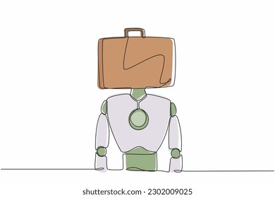 Kontinuierlicher, einzeiliger Ziehroboter mit Aktentasche statt Kopf. Künftige Technologieentwicklung. Der Prozess des Lernens künstlicher Intelligenz-Maschinen. Vektorgrafik-Illustration mit Einzelzeilenzeichnung