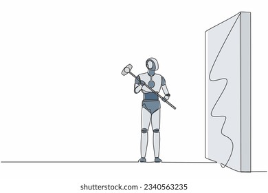 Continuous one line drawing robot standing and holding big hammer while facing wall. Humanoid robot cybernetic organism. Future robotic development. Single line draw design vector graphic illustration