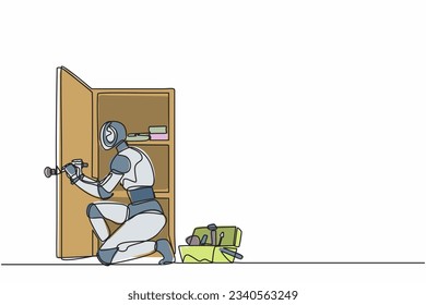 Continuous one line drawing robot carpenter is assembling of wardrobe or cabinet with shelves. Humanoid robot cybernetic organism. Future robotic. Single line draw design vector graphic illustration