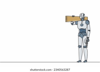 Continuous one line drawing robot repairman standing with board, tool box, and drill. Humanoid robot cybernetic organism. Future robotics development. Single line design vector graphic illustration