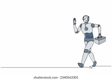 Continuous one line drawing robot mechanic repairman worker with tool box is running. Technical service. Humanoid robot cybernetic organism. Future robotic. Single line draw design vector illustration