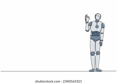 Continuous one line drawing robot gesturing ok sign with fingers. Okay sign gesture. Humanoid robot cybernetic organism. Future robotic development. Single line draw design vector graphic illustration