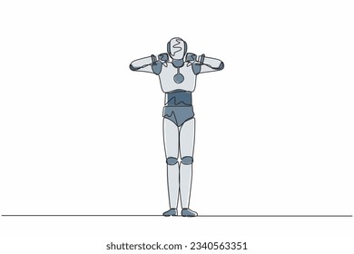 Continuous one line drawing robot showing thumbs down sign gesture. Dislike, disagree, disappointment, disapprove, no deal. Humanoid robot cybernetic organism. Single line design vector illustration