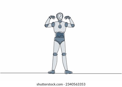 Continuous one line drawing robot with gestures two hand fist up. Strong humanoid robot cybernetic organism. Future robotic development concept. Single line draw design vector graphic illustration