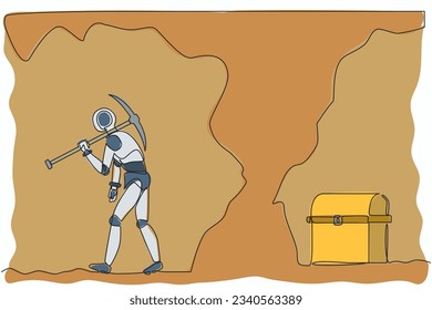 Continuous one line drawing robot gives up digging not knowing treasure chest is almost revealed. Humanoid robot cybernetic organism. Future robotics. Single line design vector graphic illustration