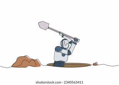 Continuous one line drawing robot digging in dirt using shovel. Humanoid robot cybernetic organism. Future robotics development. Treasure digging. Single line draw design vector graphic illustration