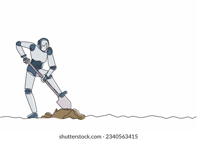 Continuous one line drawing robot step on shovel and digging in dirt to find chest treasure. Humanoid robot cybernetic organism. Future robotics development. Single line design vector illustration