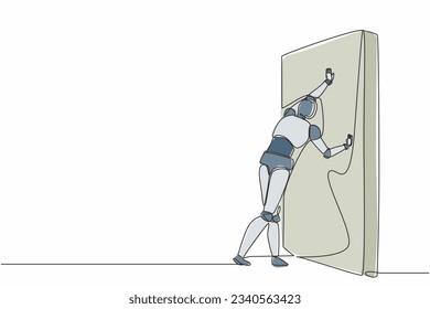 Continuous one line drawing robot pushing wall. Challenge and problem solution. Humanoid robot cybernetic organism. Future robotics development. Single line draw design vector graphic illustration