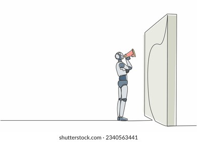 Continuous one line drawing robot holding megaphone standing and shouts in front of wall. Humanoid robot cybernetic organism. Future robotics development. Single line draw design vector illustration