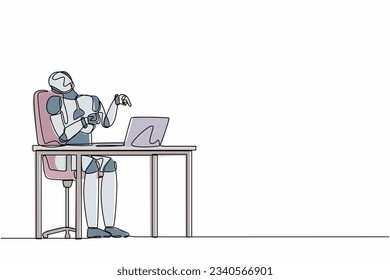 El director de un robot de dibujo de una línea sigue riendo a carcajadas mientras señala su dedo al portátil. Robot humanoide organismo cibernético. Desarrollo robótico futuro. Ilustración vectorial de diseño de una sola línea