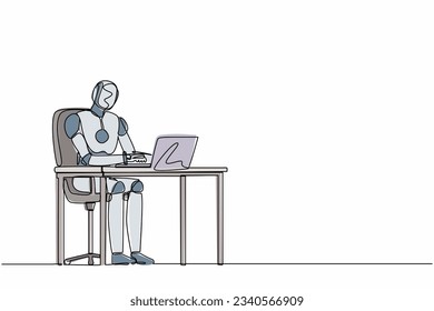 Continuous one line drawing robot working, typing and sending messages at desk. Humanoid robot cybernetic organism. Future robotics development. Single line draw design vector graphic illustration