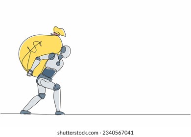Continuous one line drawing robot carrying big and heavy money bag on his back. Humanoid robot cybernetic organism. Future robotics development. Single line draw design vector graphic illustration