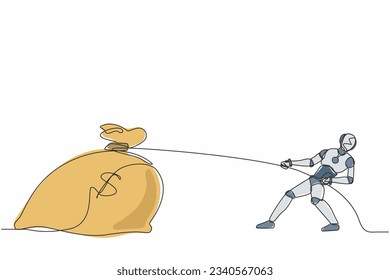 Continuous one line drawing robot struggling to pull big bag of money because it is too heavy. Humanoid robot cybernetic organism. Future robotic. Single line draw design vector graphic illustration