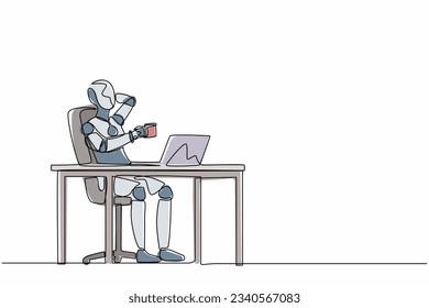 Continuous one line drawing robot relaxed at desk and drink cup of coffee. Humanoid robot cybernetic organism. Future robotics development concept. Single line draw design vector graphic illustration