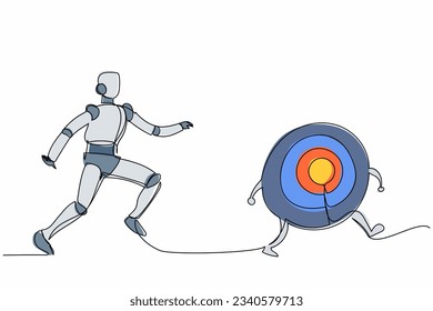 Continuous one line drawing robot chase dartboard target. Accuracy and aim precision business. Humanoid robot cybernetic organism. Future robotic development. Single line design vector illustration