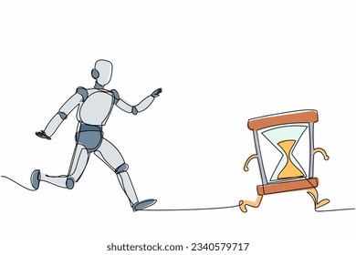 Continuous one line drawing robot chasing hourglass. Time management and schedule of operation factory. Humanoid robot cybernetic organism development. Single line design vector graphic illustration