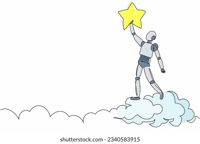 Continuous one line drawing robot reaching star on the sky. Business champion to get reward. Humanoid robot cybernetic organism. Future robotic development. Single line draw design vector illustration
