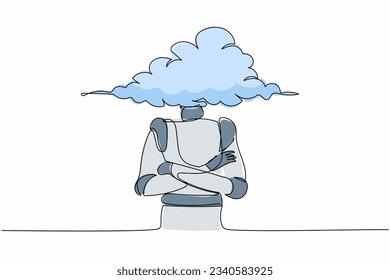 Continuous one line drawing robot with empty head and cloud instead. Thinking about idea. Humanoid robot cybernetic organism. Future robotic development. Single line design vector graphic illustration