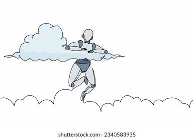 Continuous one line drawing robot hang in clouds. Hoping for success, winning business project. Humanoid robot cybernetic organism. Future robotic development. Single line design vector illustration