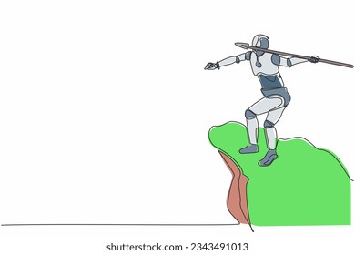 Continuous one line drawing robot standing on peak of cliff targeting dartboard with big arrow. Humanoid robot cybernetic organism. Future robotic development. Single line design vector illustration