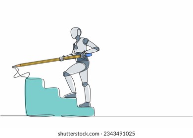Continuous one line drawing robot use huge pencil to draw rising up stairs. Humanoid robot cybernetic organism. Future robotic development concept. Single line draw design vector graphic illustration