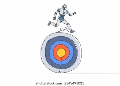 Continuous one line drawing robot move forward with goals. Robot running on target. Humanoid robot cybernetic organism. Future robotic development. Single line draw design vector graphic illustration